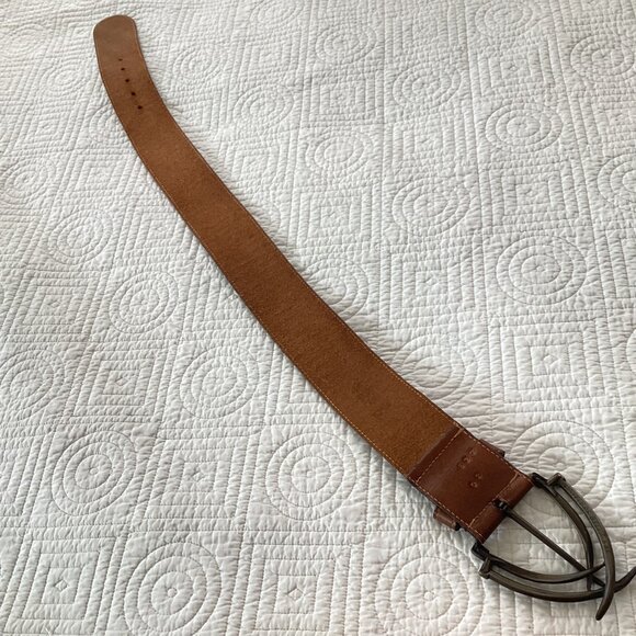 Handcrafted Brown Leather Belt With Unique Crossed Metal Hook Buckle Size 30 - Picture 7 of 14